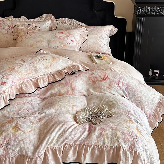 HighBuy Pink Floral Pure Linen Duvet Cover Set Twin,Ruffle Comforter Cover Chic Cottagecore Yarn-Dyed Breathable for Teen Girls,3 Piece Farmhouse Bedding Set(1 Duvet Cover,2 Pillowcases)