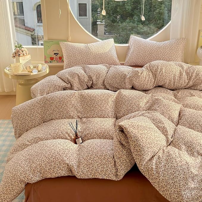 EAVD Chic Garden Small Floral Duvet Cover Twin Soft 100% Muslin Cotton Feel Gauze Vintage Floral Bedding Set with 2 Pillowcases Cottagecore Botanical Print Duvet Cover with Zipper Closure