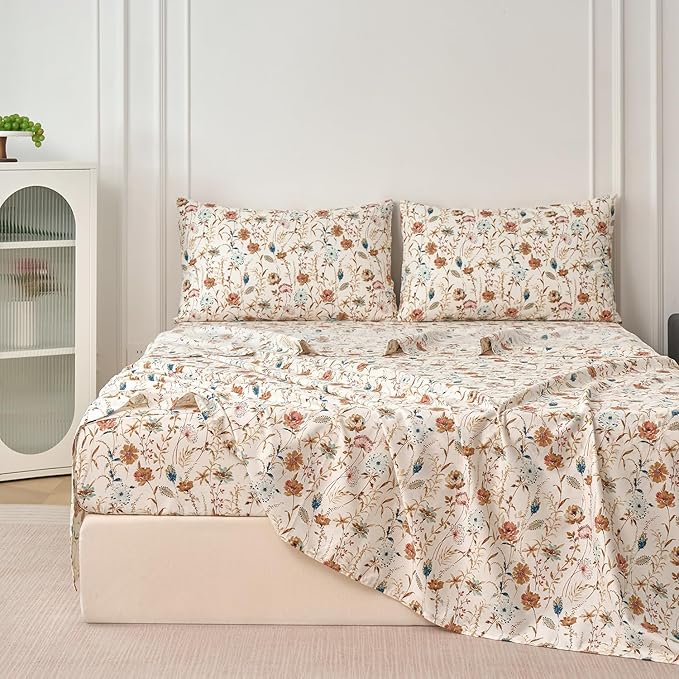 Zusbest Full Sheets Set 100% Percale Cotton - Boho Floral Botanical Printed Bedding with Deep Pocket 17.5'', Vintage Burnt Orange & Teal Design, 4-Piece Soft Breathable Sheets