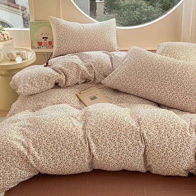 EAVD Chic Garden Small Floral Duvet Cover King Soft 100% Muslin Cotton Feel Gauze Vintage Floral Bedding Set with 2 Pillowcases Cottagecore Botanical Print Duvet Cover with Zipper Closure