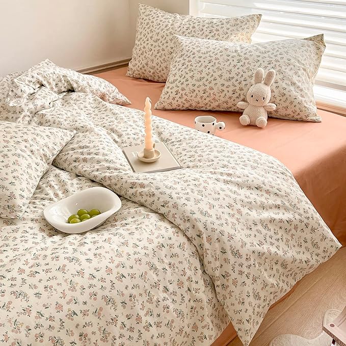 Aesthetic Floral Duvet Cover Twin 100% Cotton Boho Floral Comforter Cover White Chic Botanical French Style Duvet Cover Pink Floral Girls Flower Comforter Cover Vintage Cottagecore Bedding Set Twin
