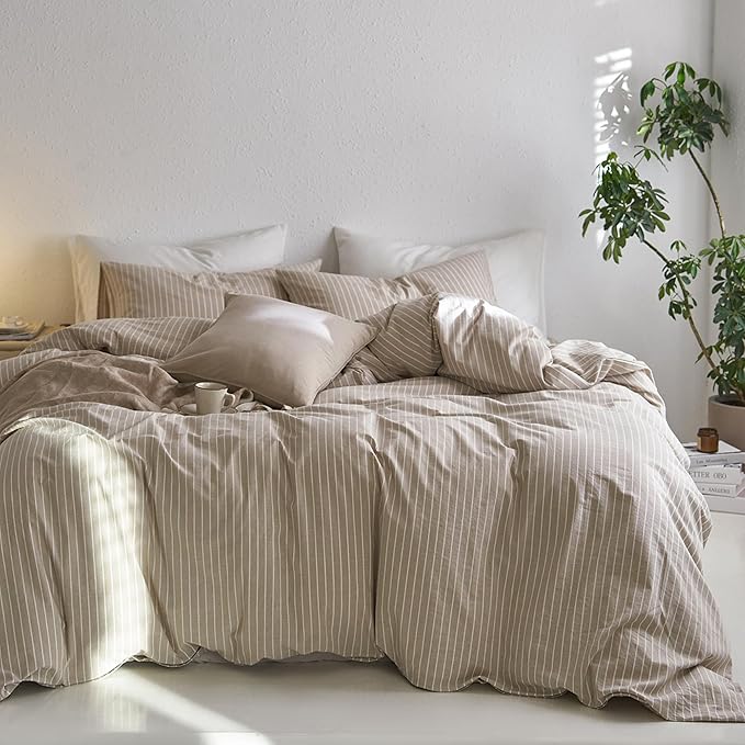 MooMee Striped Duvet Cover Set 100% Washed Cotton Linen Like Textured Breathable Durable Soft Comfy (Tannish Linen Grey White Wide Stripes, Oversized Queen 98"x98")