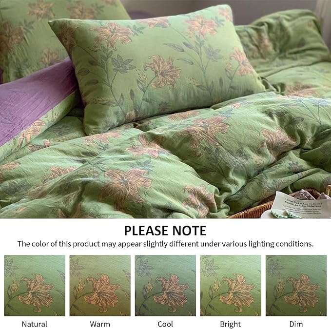 VM VOUGEMARKET Linen Cotton Jacquard Duvet Cover Queen,3 Pcs Yarn-Dyed Textured Duvet Cover Set Green Purple Floral Bedding Breathable, Natural Wrinkled Look-No Comforter