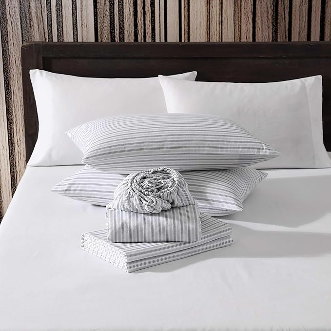 Eddie Bauer - King Bed Sheets, Cotton Flannel Bedding Set with Matching Pillowcases, Brushed for Extra Softness, Deep Pocket, Oeko-Tex Certified (Ticking Stripe Grey)