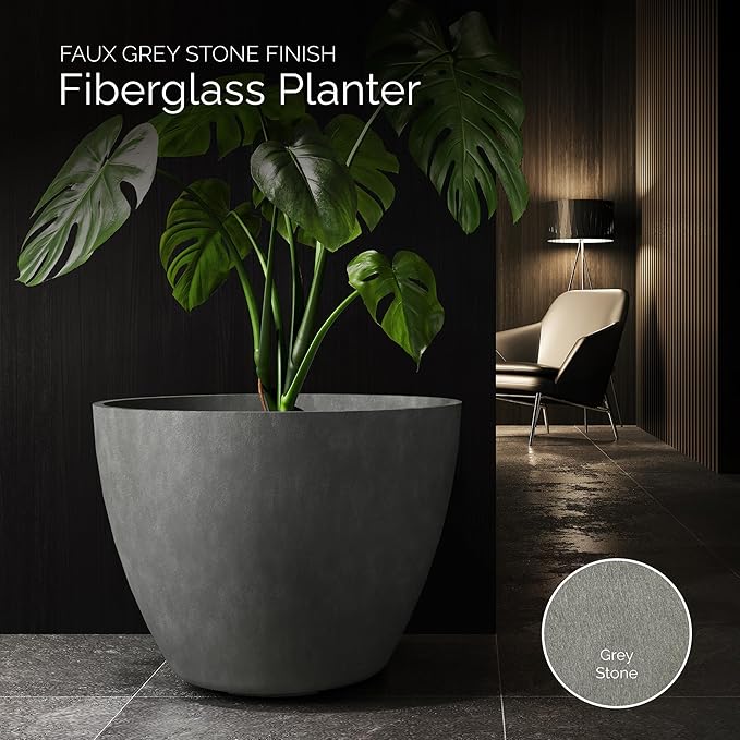 Lupo Tapered Planter – Grey Stone Finish – Fiberglass Indoor/Outdoor and Weather-Resistant Large Planter (37.4" D x 28.3" H Exterior, 35.8" D x 27.8" H Interior)