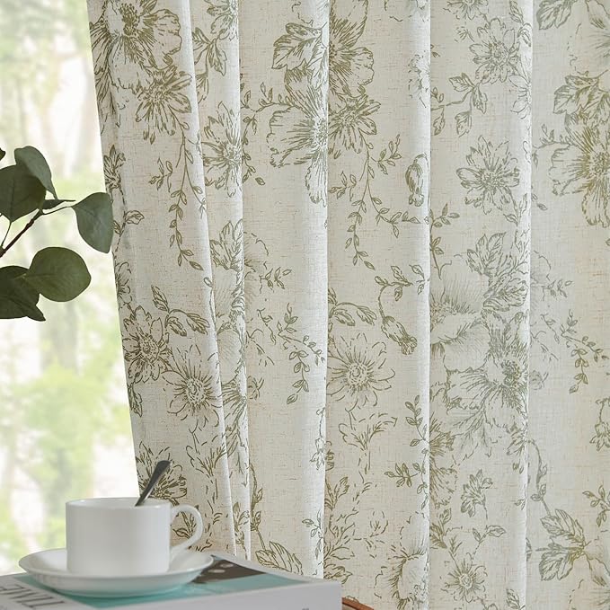 jinchan Lined Linen Blend Curtain Floral Curtains for Living Room 84 Inches Long Christmas Green Peony Flower Printed Curtain Back Tab Farmhouse Patterned Drapes Bedroom Curtains Set 2 Panels