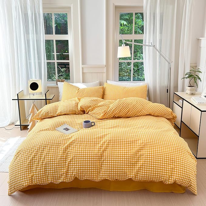 LifeTB Yellow Gingham Comforter Set Full Size Geometric Plaid Checkered Pattern Comforter Farmhouse Grid Plaid Bedding Comforter Set Soft Fluffy Lightweight Bedding Plaid Comforter for All Season