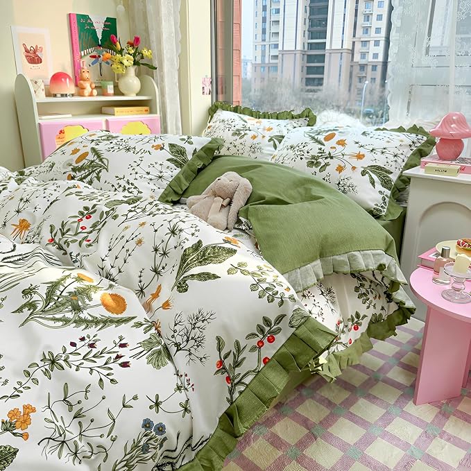 LifeTB Green Floral Comforter Set King Romantic Ruffle Comforter Vintage Botanical Flowers Comforter with 2 Pillowcases Boho Floral Lace Coquette Bedding Fluffy Comfy Farmhouse King Bed Comforter Set