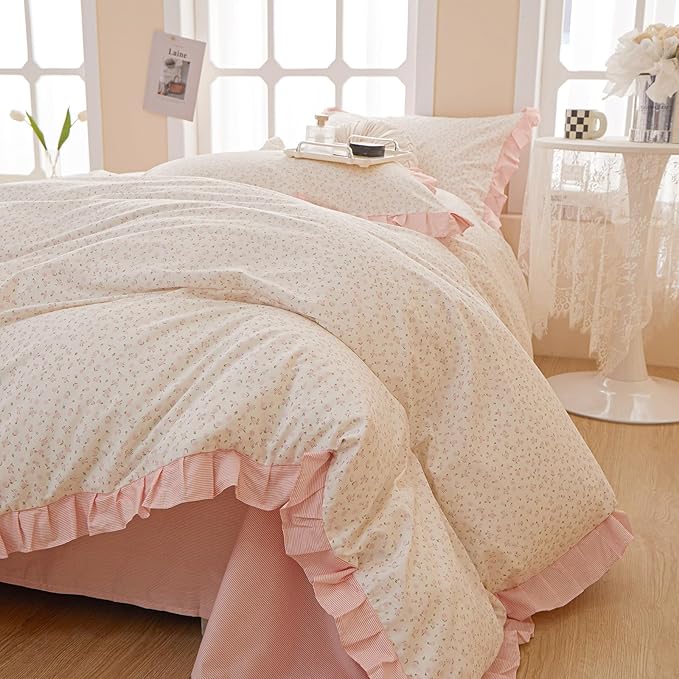 EAVD Pink Floral Duvet Cover Queen Soft 100% Cotton Chic Romantic Ruffled Floral Bedding Set with 2 Pillowcases Vintage Style Botanical Floral Comforter Cover with Zipper Closure