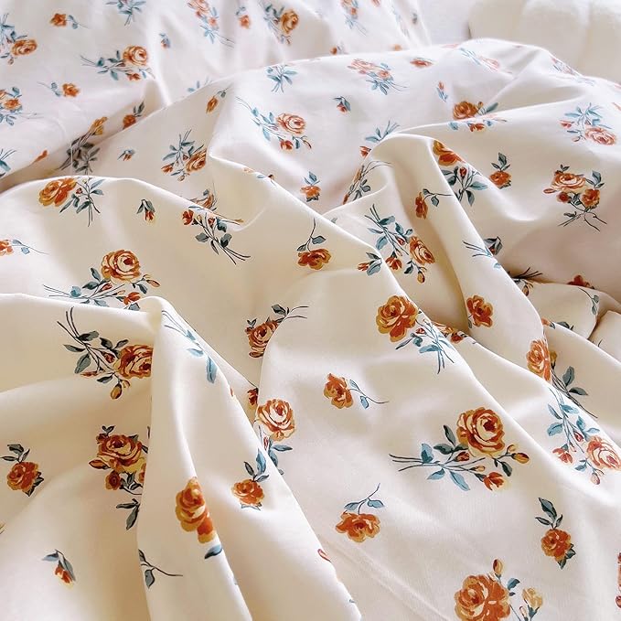 EAVD French Garden Cute Floral Duvet Cover with Ruffles Soft Cotton Chic Romantic Floral Bedding Set with 2 Pillowcases Fresh Botanical Duvet Cover with Zipper Closure