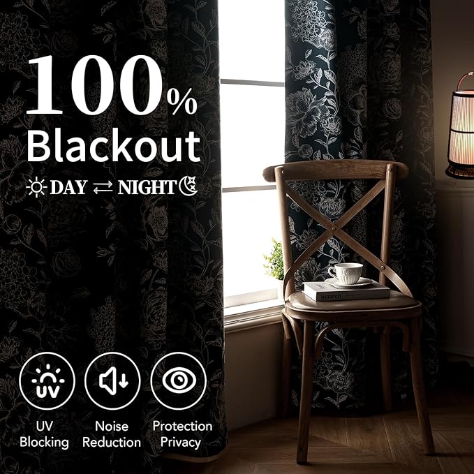 Pattern Blackout Curtains Blue Peony Print - Vintage Curtains for Bedroom Living Room, Floral Blackout Curtains Cotton Blend, Light Blocking Patterned Curtains, 52" W x 84" L