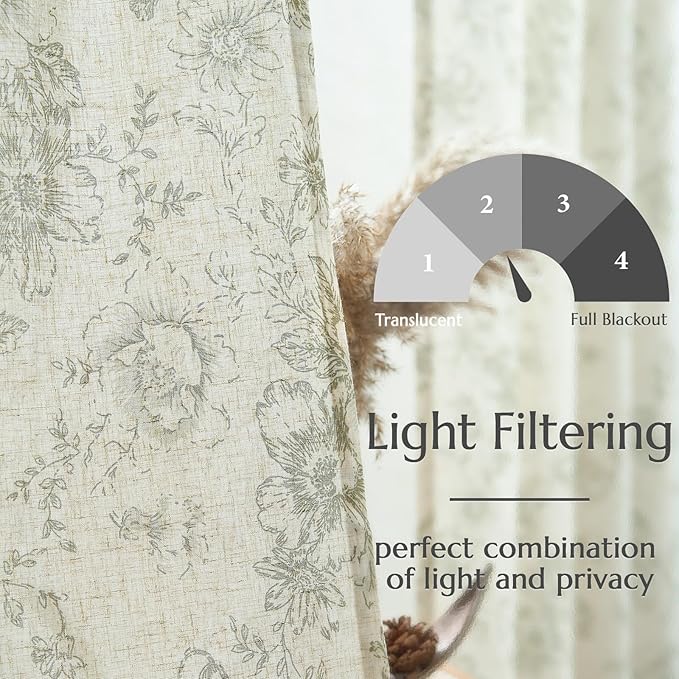 jinchan Lined Linen Blend Curtain Floral Curtains for Living Room 84 Inches Long Christmas Green Peony Flower Printed Curtain Back Tab Farmhouse Patterned Drapes Bedroom Curtains Set 2 Panels
