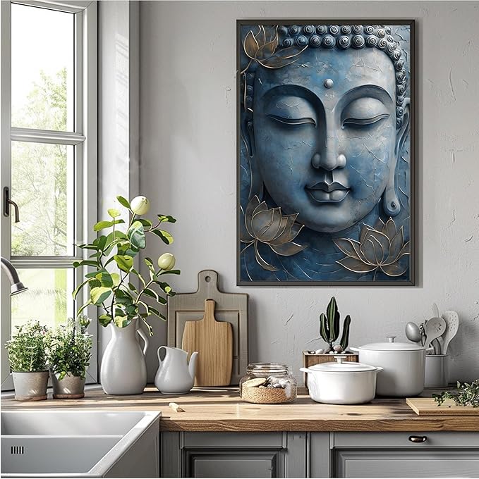Canvas wall art Golden lotus crown Serene Buddha poster Ethereal blue toned art with delicate floral decor Zen wall art for a tranquil meditation space 12x18in Metal blackFramed