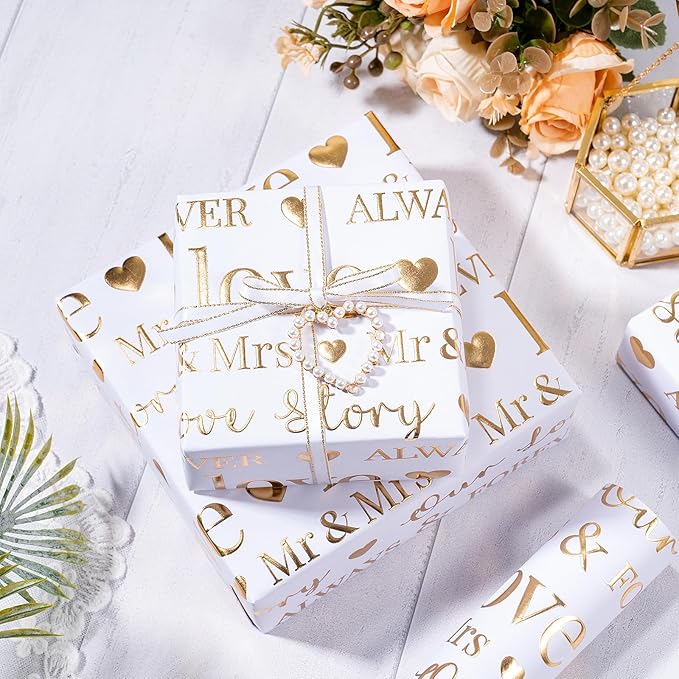 RUSPEPA Wedding Wrapping Paper Large Roll, Jumbo Roll, White and Gold Foil Love & Mr & Mrs Design, Romantic Gift Wrap for Wedding, Bridal Shower, Anniversary, Engagement, 30 Inches x 16.4 Feet