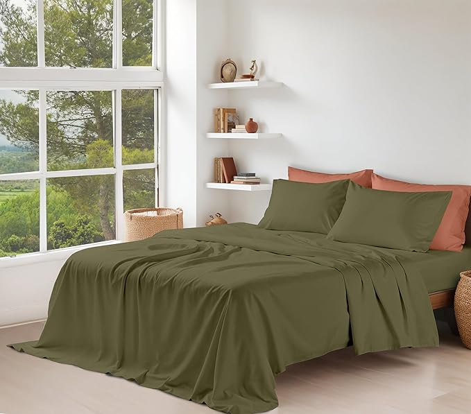RUVANTI 100% Organic Cotton Sheets King Size, Percale Weave, GOTS Certified, 4-Piece Set, Deep Pocket 15", Crisp & Breathable, Soft Durable Bedding, Sábanas Algodón Orgánico – Olive