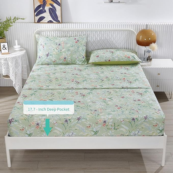 RYNGHIPY Shabby Flowers Print Bed Sheet Collections Egyptian Cotton Garden Floral Sheets (Green Floral,King Size)