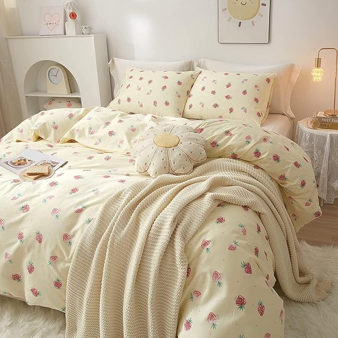 LifeTB Cute Strawberry Duvet Cover Twin XL Soft Cotton Kawaii Bedding Sets Kids Girls Bedroom Decor Fresh Small Comforter Cover 3 Piece Bed Set Twin XL Duvet Cover 2 Pillowcases