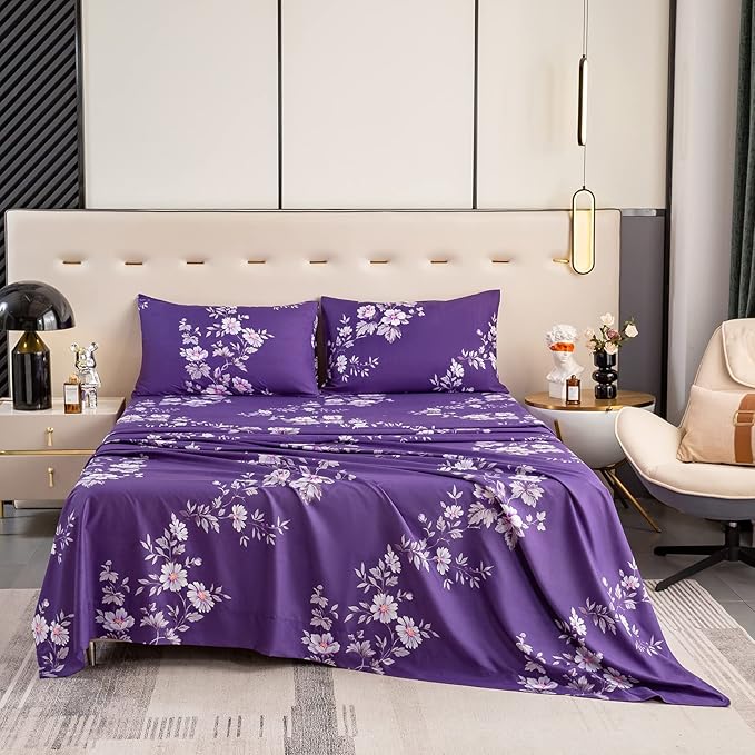 Bedlifes California King Sheet Set Ultra Soft, Breathable, Silky Flower Deep Pocket 100% Microfiber Bedding, 4 Piece Cal King Size Dark Purple Floral