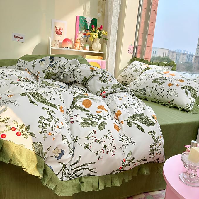 Vintage Green Floral Duvet Cover King 100% Cotton Ruffle Duvet Cover Aesthetic Flower Comforter Cover Green Ruffle Bedding Cottagecore Comforter Cover Boho Farmhouse Duvet Cover with Zipper Closure