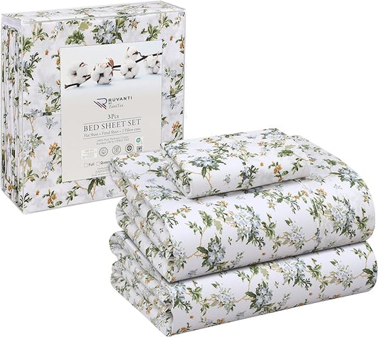 RUVANTI 100% Cotton Twin Sheets Set, 3 Pieces, Soft & Breathable Percale Weave Bedding, Deep Pocket 16", Hotel Standard, Crisp Cool Feel, Durable, Perfect Floral Bed Sheet, Heritage