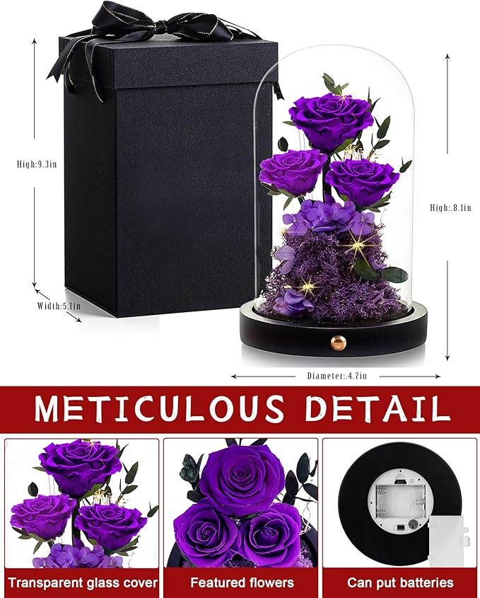 Christmas Flowers Roses Gifts for Mom,Forever Real Preserved Roses in Glass Dome,Christmas Anniversary Thanksgiving Gifts for Wife Girlfriend Women Best Friend Grandma/Purple Rose