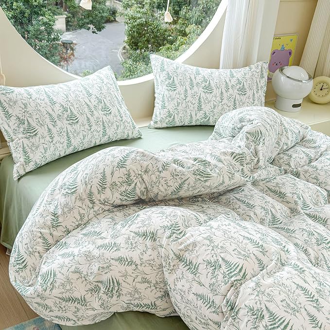 LifeTB Muslin Duvet Cover Queen Size 100% Cotton Botanical Floral Comforter Cover Ultra Soft Cottagecore Bedding Set Lightweight Linen Feel Textured Breathable Gauze Duvet Cover with 2 Pillowcases