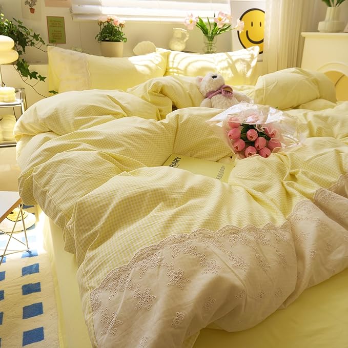 LifeTB Yellow Gingham Duvet Cover Twin 3 Pieces Romantic Lace Comforter Cover Soft Microfiber Cream Yellow Grid Duvet Cover Farmhouse Plaid Checkered Comforter Cover Grid Gingham Bedding Set