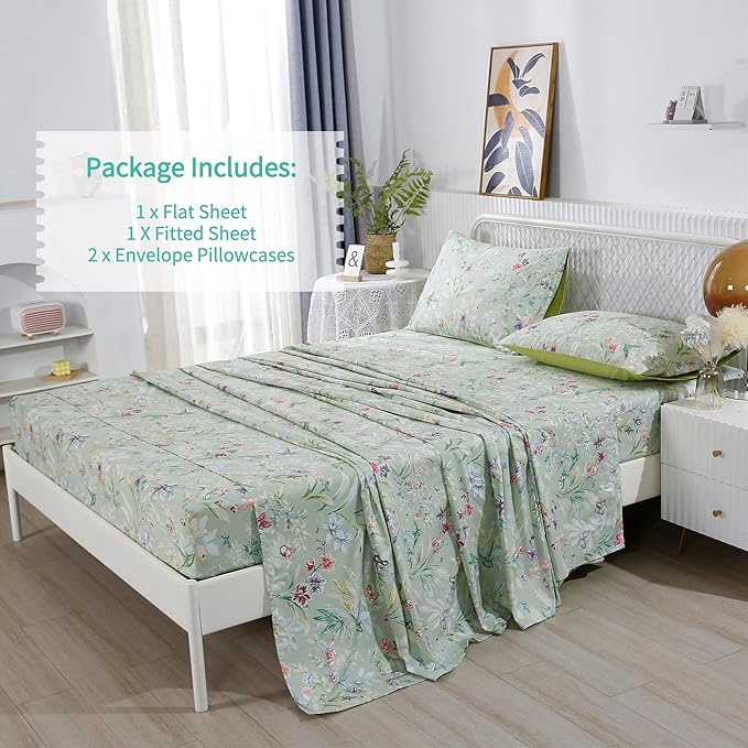 RYNGHIPY Shabby Flowers Print Bed Sheet Collections Egyptian Cotton Garden Floral Sheets (Green Floral,King Size)