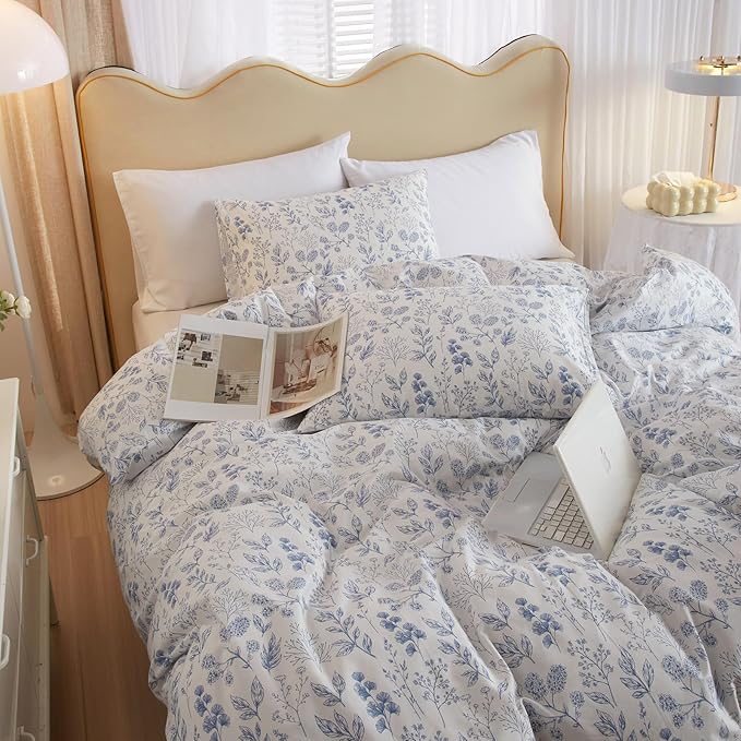 HighBuy Blue Floral Comforter Set King White King Bed Comforter Set Botanical Coquette Comforter Sets for Women Girl Boho Soft 3 Piece Bedding Set Lightweight Comforter and 2 Pillowcases