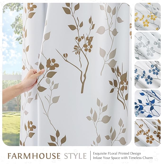 Beauoop Floral 100% Blackout Curtains 63 Inch Length 2 Panels for Bedroom Living Room Tan Brown and White Flower Patterned Room Darkening Thermal Soundproof Grommet Window Treatments Drapes, 52X63
