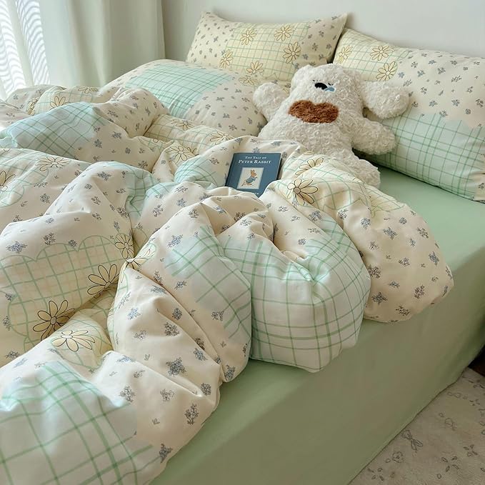 LifeTB Muslin Duvet Cover Queen Size 100% Cotton Botanical Floral Comforter Cover Aesthetic Flower Chic Plaid Desgin Cottagecore Bedding Set Breathable Soft Gauze Duvet Cover with 2 Pillowcases