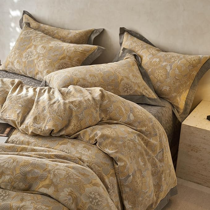 EAVD Vintage Style Yellow Floral Duvet Cover Full Soft 100% Muslin Cotton Yarn-Dyed Jacquard Textured Bedding Set with 2 Pillowcases Linen Like Gauze Botanical Duvet Cover with Zipper Closure