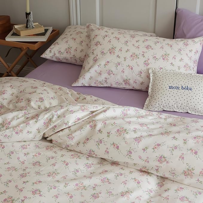 EAVD Garden Purple Pink Floral Duvet Cover Full Soft Cotton Chic Shabby Cute Floral Pattern Bedding Set with 2 Pillowcases Reversible Botanical Floral Comforter Cover with Zipper Closure