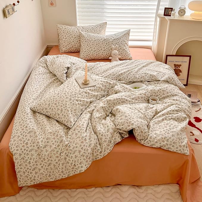 EAVD Garden Style Small Floral Duvet Cover Queen Soft 100% Cotton Chic Shabby Garden Floral Bedding Set with 2 Pillowcases Vintage Style Botanical Duvet Cover with Zipper Closure