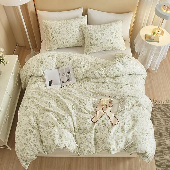 EAVD Reversible Botanical Floral Duvet Cover King Soft Cotton Chic Shabby Garden Green Floral Bedding Set with 2 Pillowcases Fresh Vintage Style Green Floral Comforter Cover with Zipper Closure