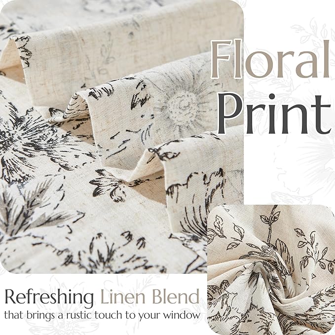 JINCHAN Pinch Pleated Curtains Floral Linen Blend Curtains for Living Room 108 Inches Length Black Peony Flower Printed Curtain Rod Pocket Back Tab Farmhouse Pinch Pleat Drapes with Hooks Set 2 Panels
