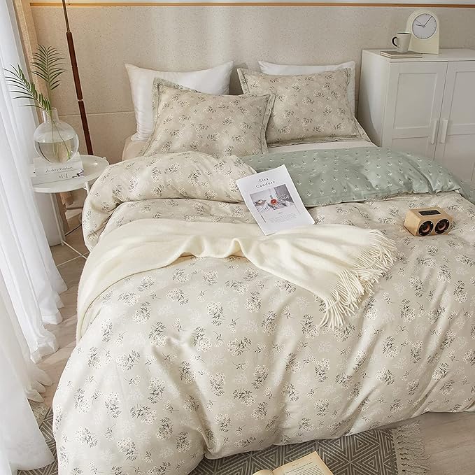 LifeTB Garden Style Floral Duvet Cover Queen Soft Cotton Boho Floral Bedding Sets Chic Shabby Botanical Queen Duvet Cover Girl Women Vintage Floral Comforter Cover with Zipper Closure 4 Ties