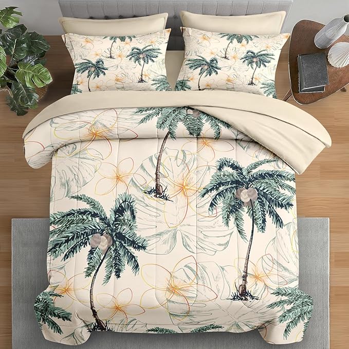 Comforter Set Twin Size, Tropical Botanical Palm Summer 5 Pcs Bedding for Kids and Adults, Hawaiian Coconut Tree Bed Sheet Sets with Fitted Sheet Pillowcase & Sham for Bedroom Bed Decor