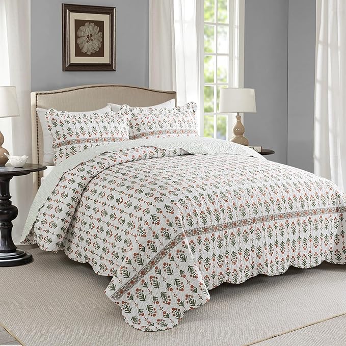Travan 3-Piece Quilt Set Quilted Bedspread Lightweight Coverlet Set Garden Style Floral Printed Oversized Quilted Bedding Set for All Season, Orange Mirror, Queen Size