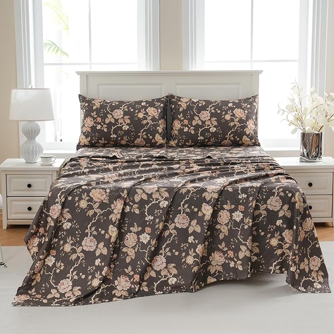 Zusbest Dark Brown Floral Bed Sheets Set - California King Percale Cotton Shabby Rustic Peony Flower Print Bed Sheets - Soft Breathable Mocha Classic Vintage Bedding 4 Pcs Deep Pockets Flower Sheets