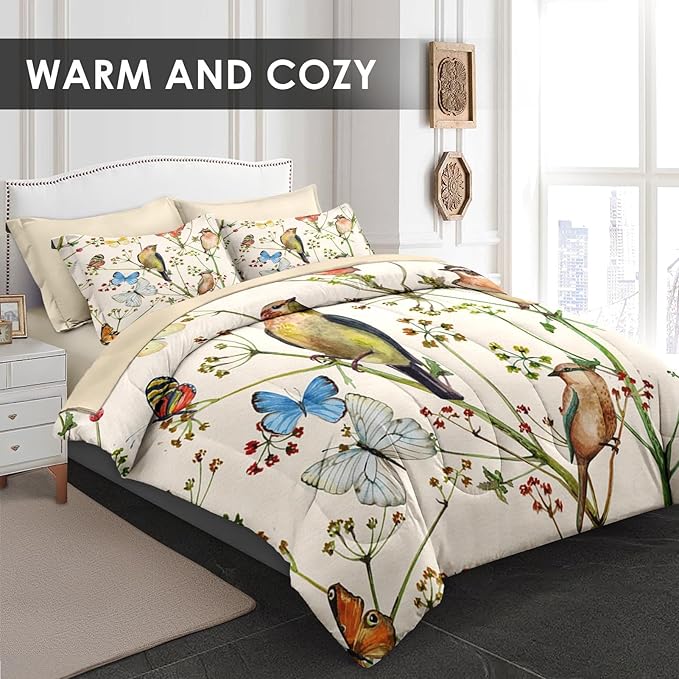 Comforter Set Full Size, Vintage Birds Butterfly Colorful 7 Pcs Bedding for Kids and Adults, Beige Spring Floral Bed Sheet Sets with Fitted Sheet 2 Pillowcase & 2 Sham for Bedroom Bed Decor