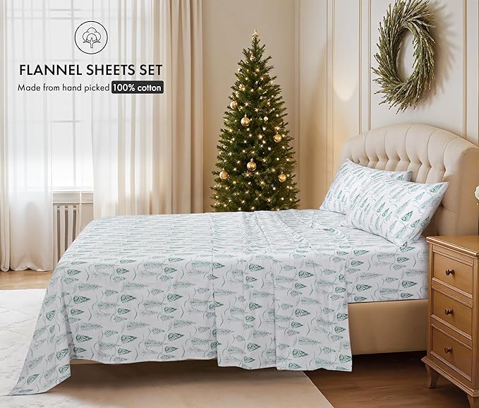 RUVANTI Flannel Sheets Queen Size - 100% Cotton Double Brushed Bed Sheets, Deep Pockets 16 Inches Queen Sheet Set, All Seasons Breathable & Extra Soft - Warm & Cozy, 4 Piece, Alpine Serenity