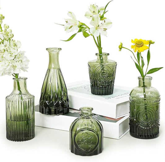 Glass Bud Vase Set of 5, Green Small Flower Vases for Centerpieces in Bulk, Mini Vintage Vase for Rustic Wedding, Home,Table Decoration