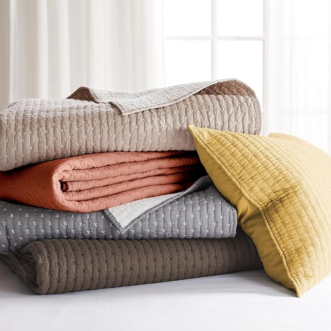 Levtex Home Cross Stitch Reversible Full Bedspread Set (100x104in) with 2 Pillow Shams (26x20in) - Stitch Texture - Ochre - 100% Cotton Full Size Bedspread Set - Lightweight, Soft, Pre-Washed