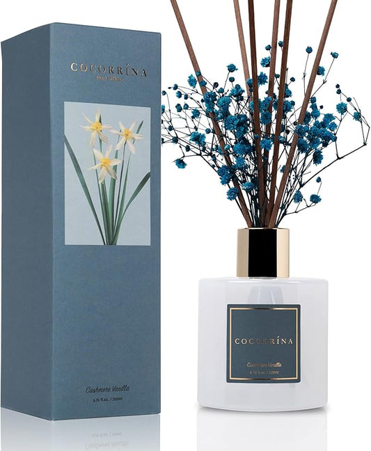 Cocorrína Premium Reed Diffuser Set with Preserved Baby's Breath & Cotton Stick Cashmere Vanilla | 6.7 fl oz Reed Diffuser for Bedroom Bathroom Home Décor