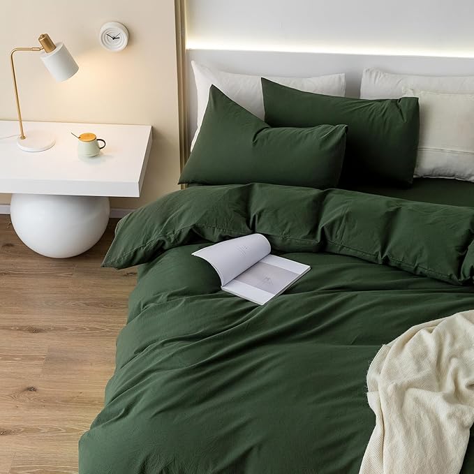 JIYUAN 100% Washed Cotton Duvet Cover Set 3 Pieces Queen, 1 Duvet Cover 90x90 Inches(Comforter Not Included) and 2 Pillowcases,Linen Feel Bedding Set Comfy and Breathable,Forest Green
