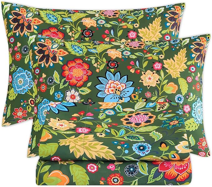 Bedlifes Queen Sheet Set Ultra Soft, Breathable, Silky Flower Deep Pocket 100% Microfiber Bedding, 4 Piece Queen Size with Floral Dark Green
