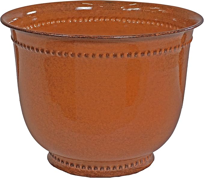 Sunnydaze Michael 14.5" Metal Outdoor Plant Pot Set with Drainage Holes and Rubber Plugs - Chestnut Glaze - Set of 2
