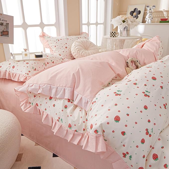 LifeTB Kawaii Pink Strawberry Comforter Set King Girls Cute Strawberry Bedding Comforter Fluffy Soft Microfiber Bedding Set 1 Ruffled Comforter with 2 Pillowcases Pink Floral Comforter Set