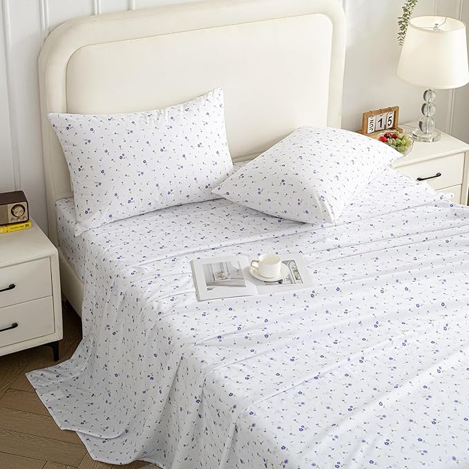 Softan Floral Full Sheet Set Purple Flower Printed Bed Sheets Double, Cozy Microfiber Patterned Fitted Sheets with 15" Deep Pocket & Non-Slip Straps, Cute Purple Sheets and Pillowcase Set